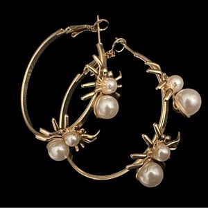 Spider Hoop Earrings Faux Pearl Detail Pierced Gold Tone White